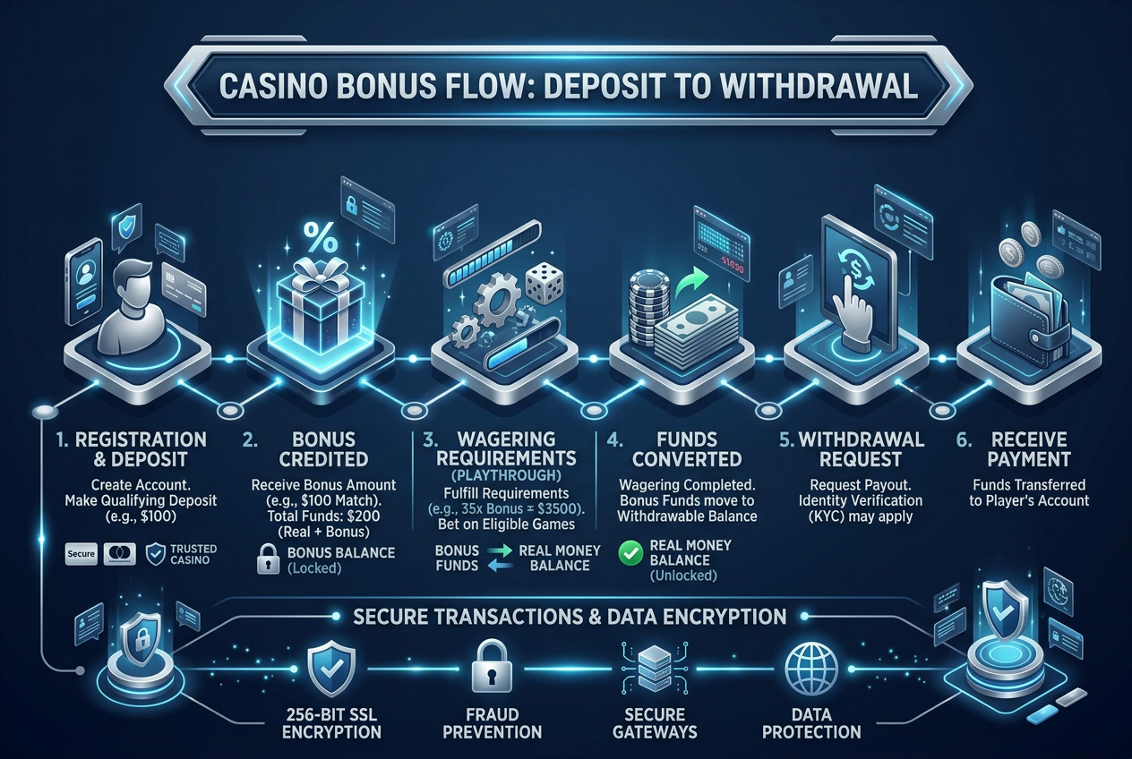 Schéma finančního toku casino bonusu od vkladu k výběru