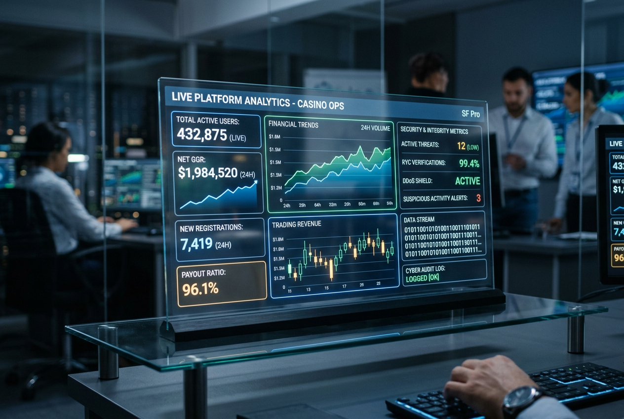 Moderní analytický dashboard zobrazující data a bezpečnostní metriky pro audit online kasin