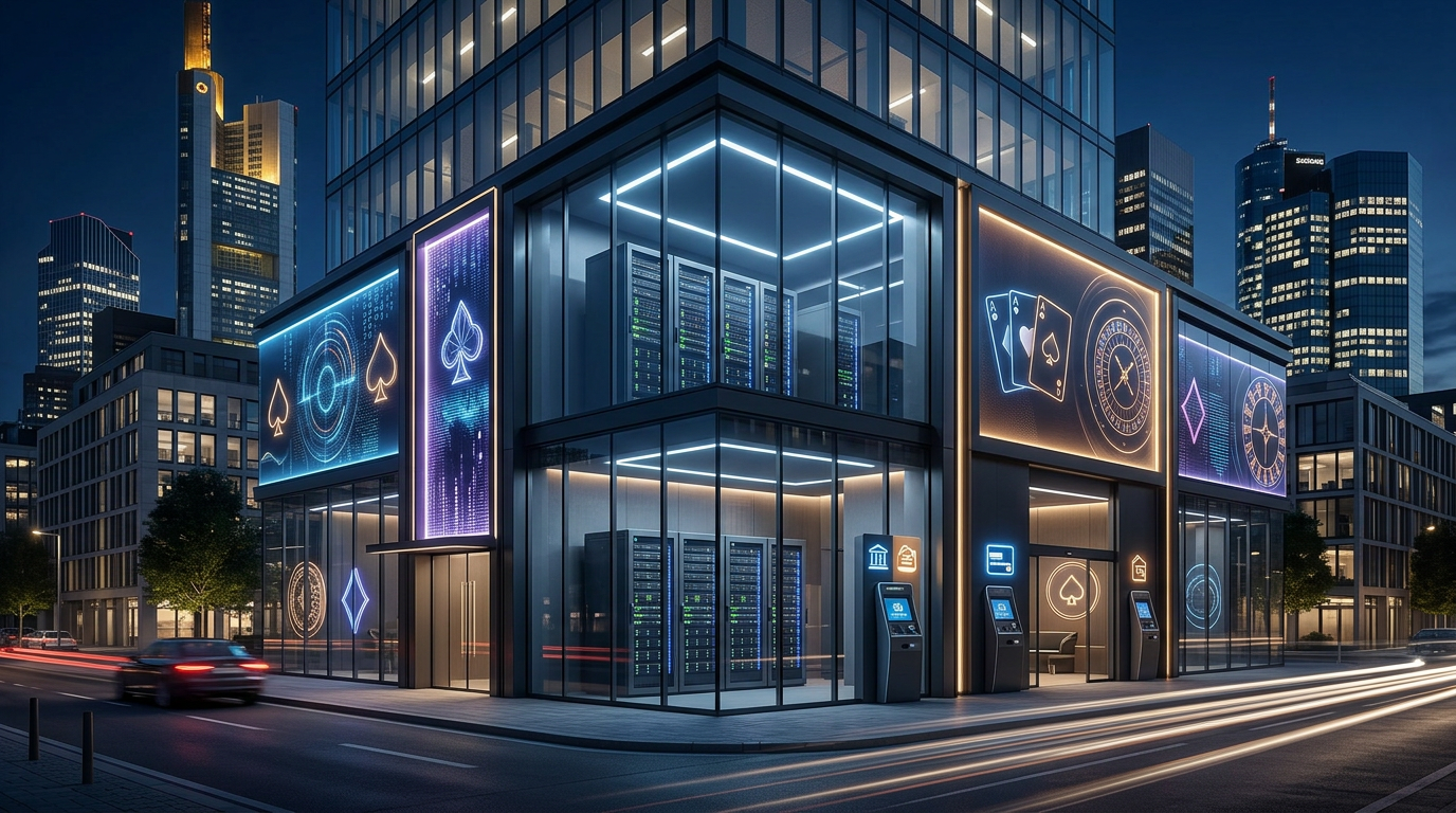 Futuristické německé herní centrum a finanční architektura v roce 2026.