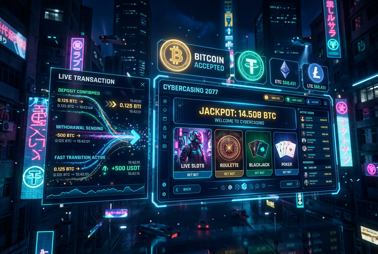 Vizualizace moderního online kasina v roce 2026 s hologramy a krypto platbami